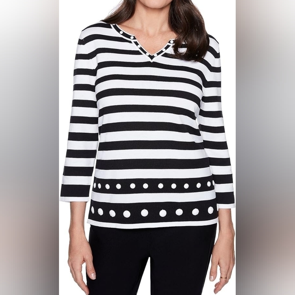 Alfred Dunner Women's Black White Striped Embellished Sweater Size XL NWT